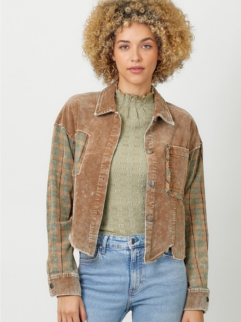 Plaid Contrasting Distressed Corduroy Jacket